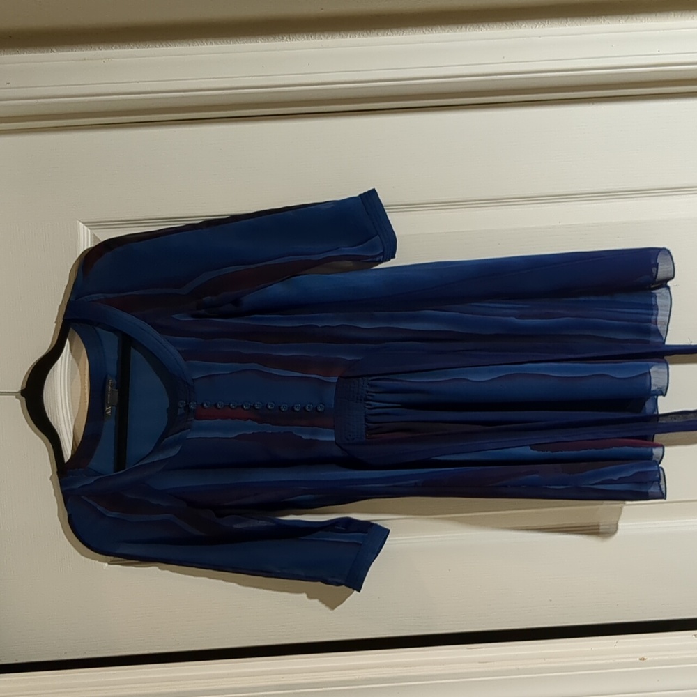 AX Armani Exchange dress. Blues, maroon, purple lined sheer. Ties in back.Office
